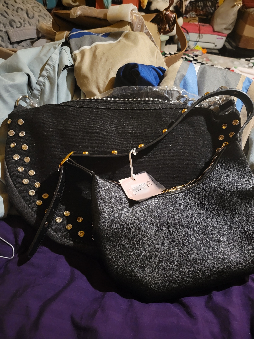 Black Studded Shoulder Bag And Black Jean Bag